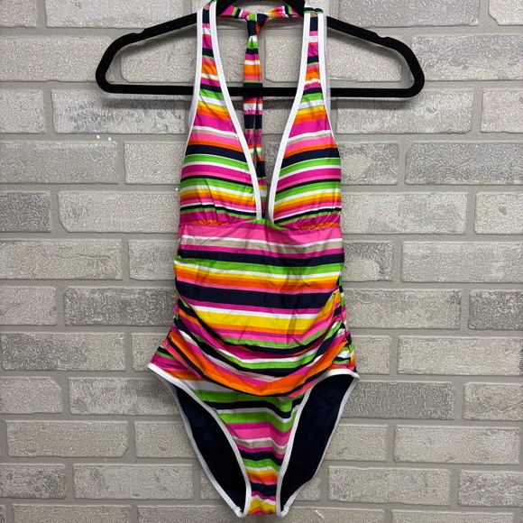 Trina Turk Other - Trina Turk Striped Halter One Piece Swimsuit Size 6 Pink Multi